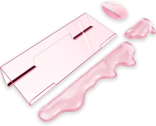 Acrylic Computer Keyboard Stand with Gel Mountain Wrist Rest Keyboard Riser with Comfortable Clear Silicone Mouse Wrist Pad Ergonomic Tilted Transparent Keyboard Holder for Desktop Office Hot Pink