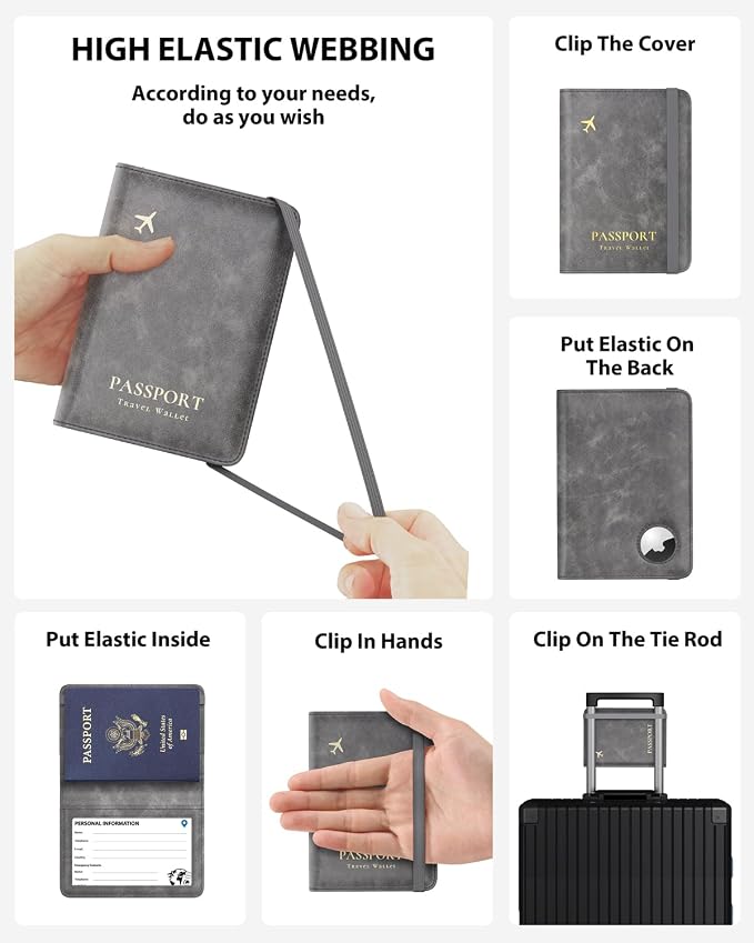 Stouchi AirTag Passport Wallet, Grey, Unisex, Faux Leather, RFID Blocking, Anti-Waterproof | Ultra-slim, Waterproof PU Leather, 5 Card Slots, RFID Blocking, AirTag Slot – Perfect for US Passports