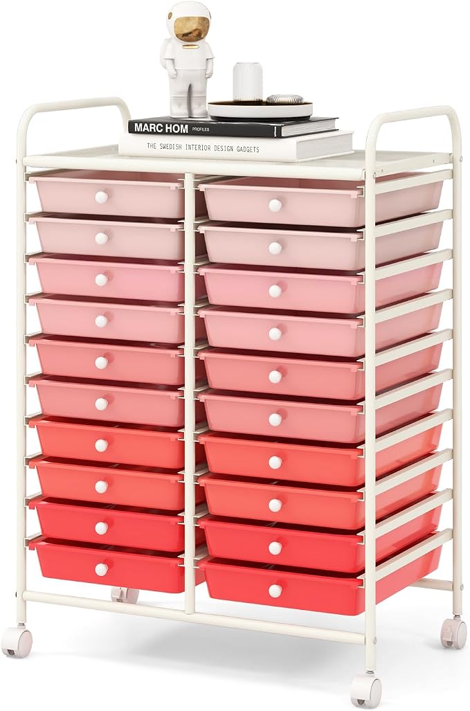 RELAX4LIFE 20 Drawer Rolling Storage Cart, Mobile Rolling Cart w/Drawers for School Classroom Teacher Office Home Salon, Paper File Art Supply Craft Organizer, Utility Cart on Wheels (Gradient Pink)