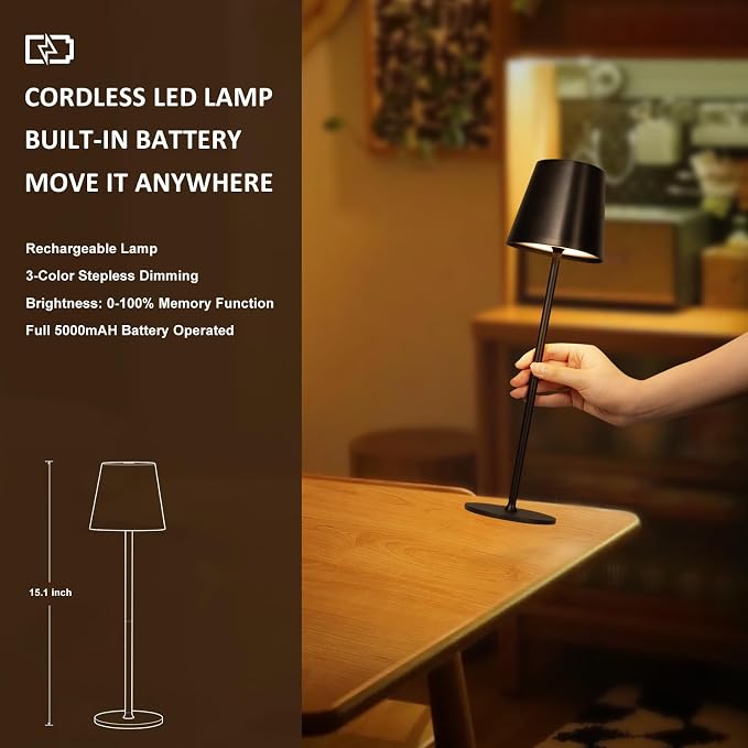 Kakanuo Cordless Table Lamp, 3 Color Stepless Dimming, 5000mAh Rechargeable Battery Powered, Outdoor LED Lamps, for Dining Room, Living Room, Bedroom, Bar, Cafe, Restaurant, Patio, Camping - Black