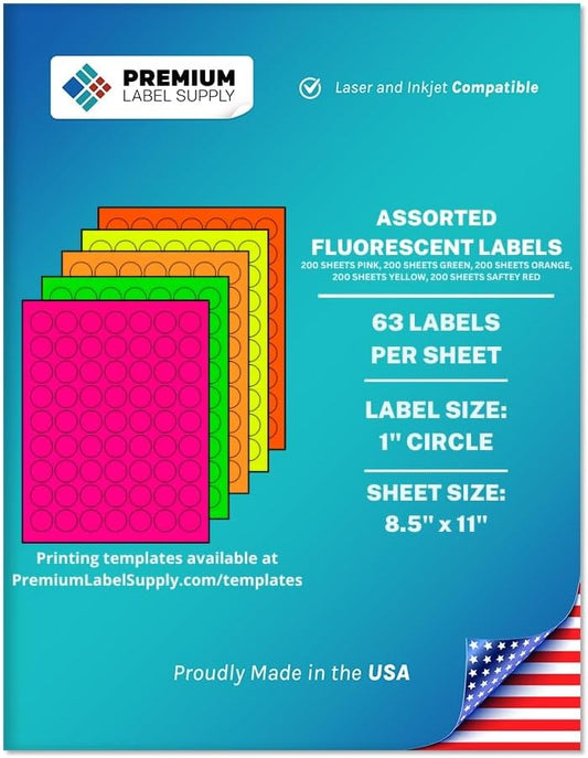Premium Label Supply Bright Neon Color Fluorescent Sticker Labels - 1" Round Labels - (Assorted Fluorescent, 63,000 Labels)