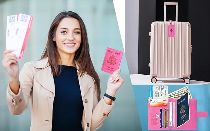 Passport Holder With Luggage Tag Cover Wallet RFID Blocking Leather Case Travel Essentials Accessories Travel Must Have(114#Pink)