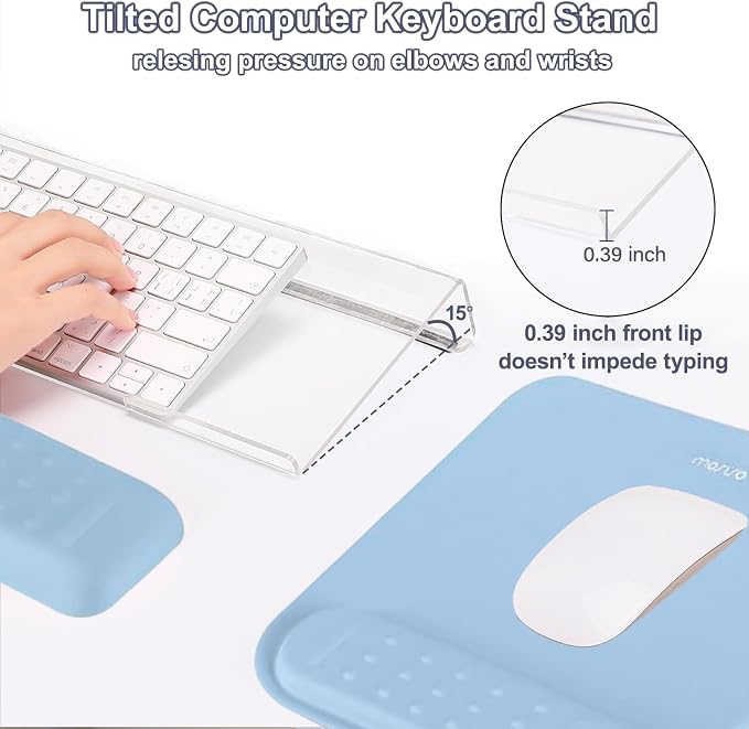 MOSISO Keyboard Stand&Wrist Rest Support for Keyboard &Mouse Pad Set | Ergonomic Massage Wrist Rest Set, Easy Typing Working Acrylic Clear Stand for Office Home, Air Blue