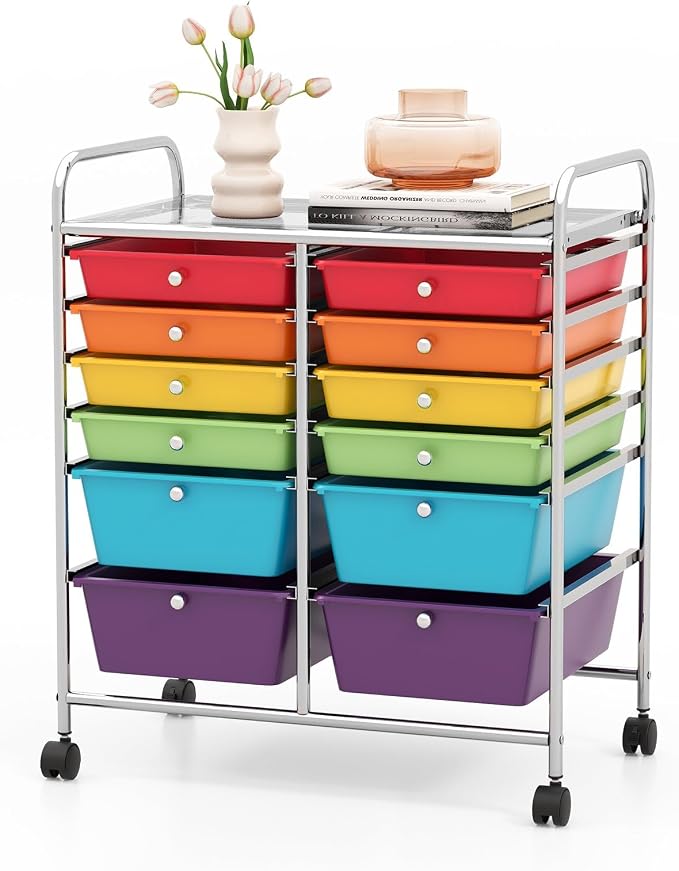 COSTWAY 12-Drawer Rolling Storage Cart, Moveable Art Craft Organizer | Lockable Wheels, Metal Shelf, Files Arrangement Tools Makeup Storage Cart for Office, Home, School (Multi-Color)