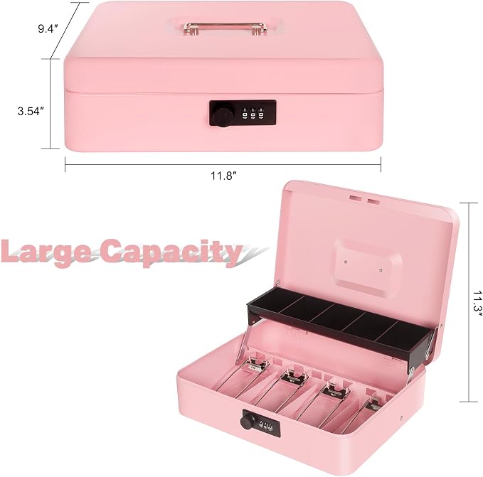 Cash Box with Combination Lock, Metal Money Box for Cash Register, Large Cash Lock Box for Money Safe 11.8" x 9.4" x 3.54" Pink