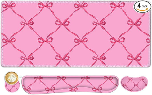 ToLuLu Large Mouse Pad Desk Pad Set, 4PCS Wrist Rest Support XXL Desk Mat | 35.4”x15.7" Giant Mouse Pad for Keyboard Mouse , Non-Slip Base Stitched Edges Mousepad Office Desk Decor, Hot Pink Bow