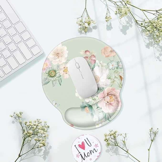 WAVEYU Ergonomic Mouse Pad with Wrist Support, Office Mousepad with Wrist Rest, Computer Gaming Mouse Pad for Laptop, Pain Relief Mouse Mat with Non-Slip Rubber Base, 9''x 10'', Green Flower 02