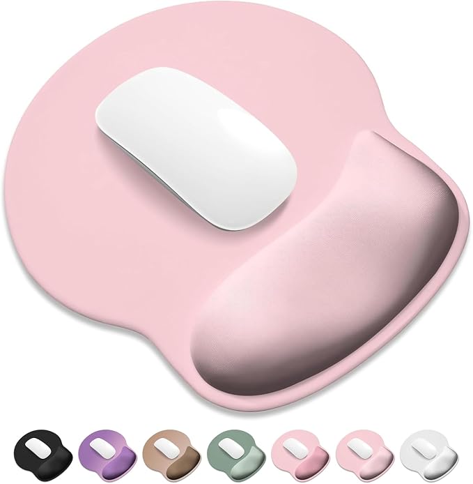 ITNRSIIET Ergonomic Mouse Pad with Wider Memory Foam Wrist Rest +17%, Curved Cushion Reduces Pressure 20%, Pain Relief, Non-Slip, Smooth, Cute Color Desk Accessory, 9.85 x 9 inch, Blush Pink