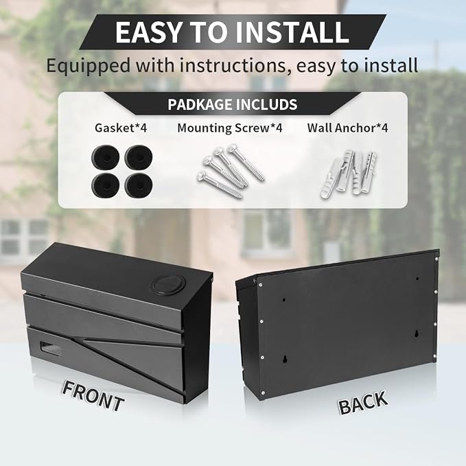 Ydocabinit Wall Mount Mailbox, Large Capacity Mailbox for House, Visibility Galvanized Steel Rust-Proof Metal Post Box Drop, Mailboxes for Outside, 15.74"×9.84"×4.33" Solar Lanterns Black
