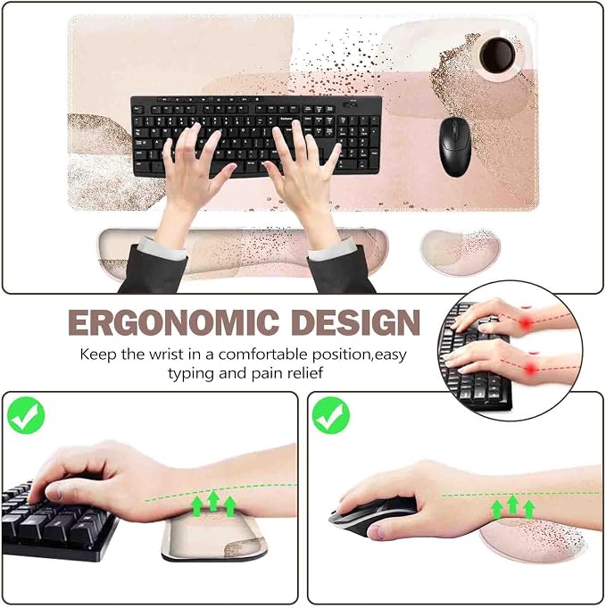 ToLuLu Extended Gaming Mouse Pad, Ergonomic Keyboard Mouse Wrist Rest Set | Large Desk Mat with Stitched Edges, Memory Foam Support Non-Slip Base Mousepad for Home Office Game Study, Gold Art Style
