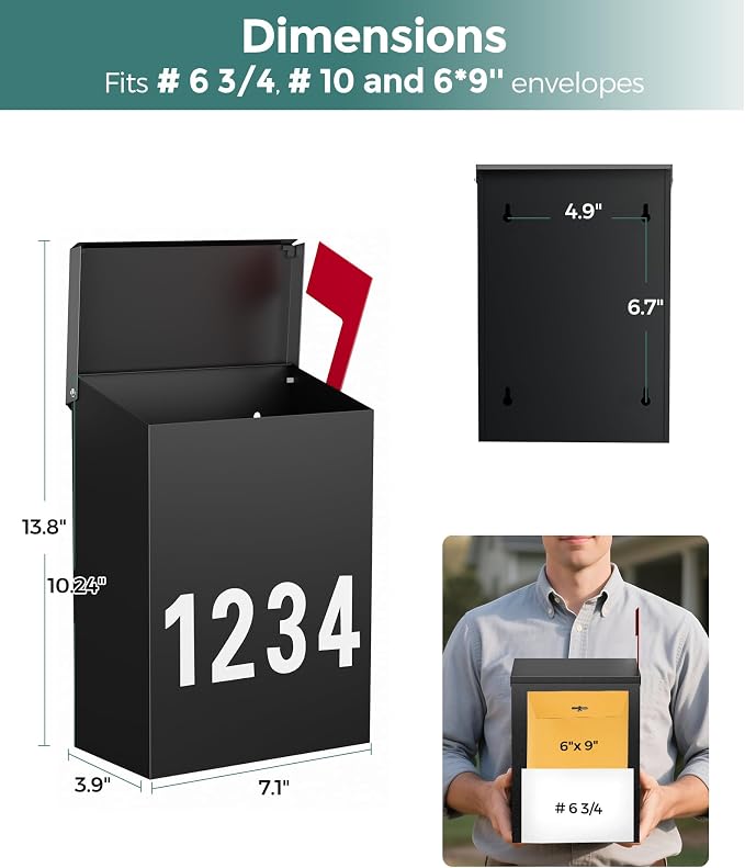 LAND·VOI Wall-Mount Mailbox with One Flag Kit and Three Sets of 0-9 Mailbox Number Stickers, Mailboxes for Outside, Galvanized Steel Rust-Proof Metal Post Box, 3.9" D x 7.1" W x 10.24" H Black AMB05B