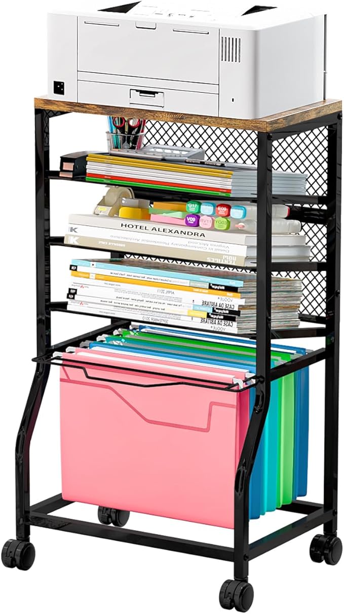 INGIORDAR 5 Tier Rolling File Cart Sliding Hanging Folder Storage Wheels | Under Desk Storage Organizer On Lockable Wheels Mesh Sliding Trays Multifunctional Clutter Cart for Office School Home