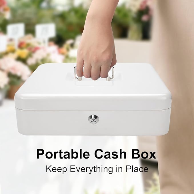 Jssmst Locking Large Metal Cash Box with Money Tray, Money Box with Key Lock, White, SM-CB0504L