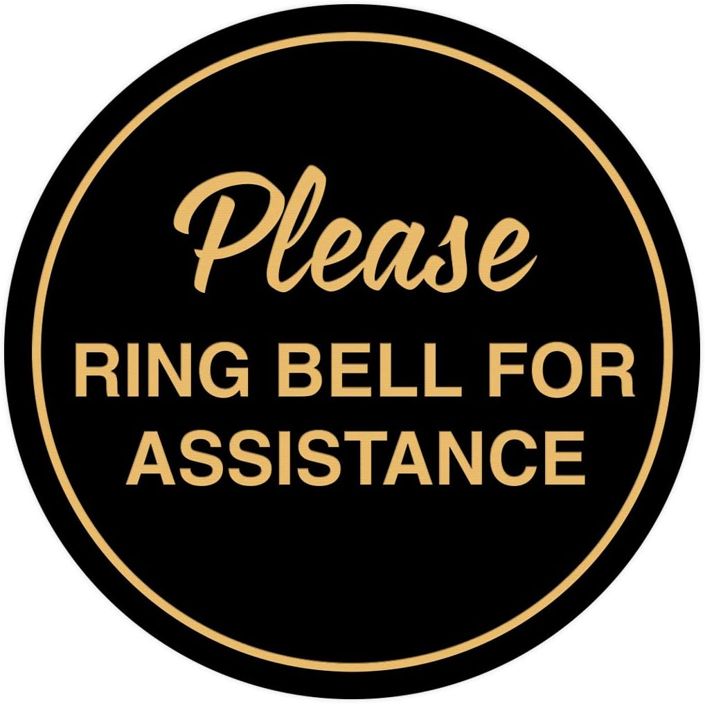 Signs ByLITA Circle Please Ring Bell For Assistance Wall or Door Sign | Easy Installation | Front Desk Reception Sign (Black/Gold) - Small (2 Pack)