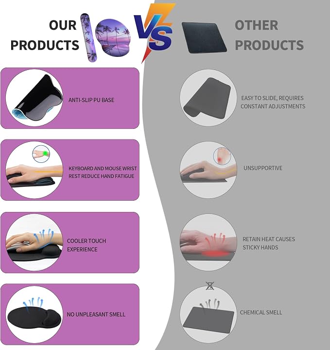 Mouse Pad Wrist Support, Ergonomic Memory Foam Keyboard Wrist Pad & Gel Wrist Rest Set for Computer Keyboard for Easy Typing & Pain Relief for Office & Home (Mauve Twilight Set)
