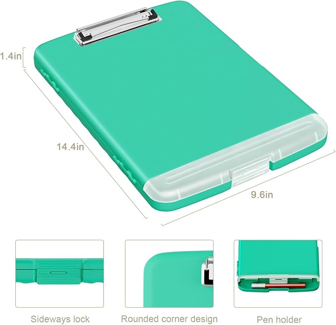 Piasoenc Clipboard with Storage, 8.5 x 11 Clip Board with Pen Holder, Green | High Capacity, Heavy Duty Plastic Organization Box for A4 Legal Paper Folder, Folio & Side-Opening Nurses, Teachers, Student