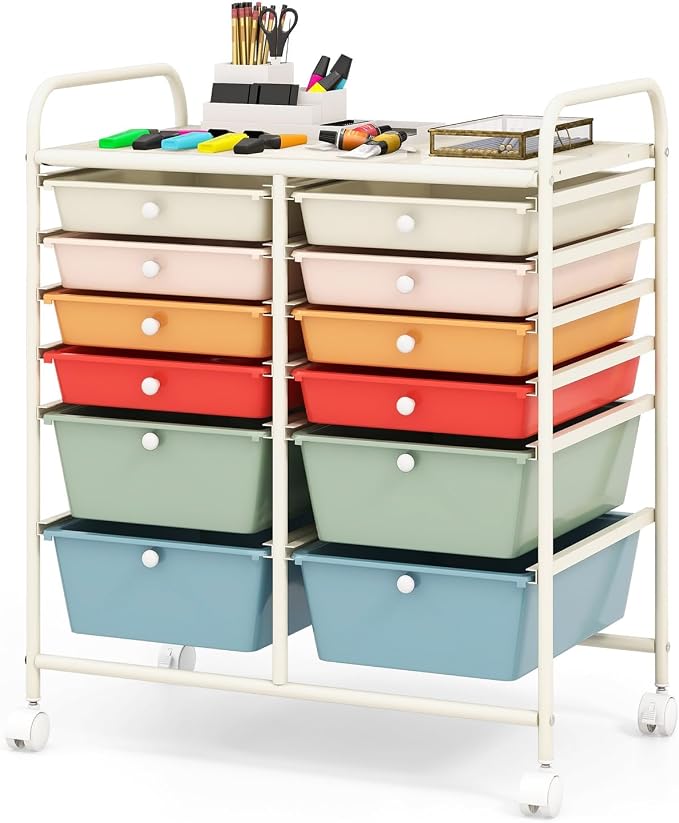 BECOMFORT 12-Drawer Rolling Cart with Drawers, Storage Cart on Wheels, Teacher Classroom Organizers with Metal Frame, Mobile Craft Cart, Trolley Utility Cart for School Office Play Room