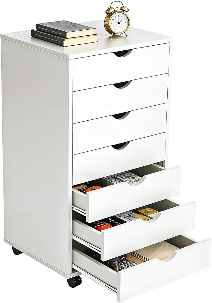 OLIXIS 7 Drawer File Cabinet, Printer Stand with Storage Cabinet | Wood Under Desk Storage Organization Holds Printer, Office Supplies, Not For Hanging Files, Fit Home Office White