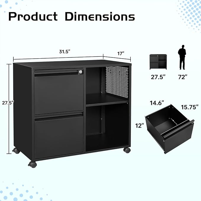 MIIIKO 2 Drawer File Cabinet with Lock, Metal Lateral Rolling Printer Stand Filing Cabinets with Drawers for Home Office,A4, Letter Size File Folders(Black)