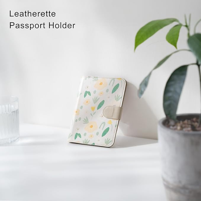 Leatherette Passport Holder with Floral Patterns, Premium PU Leather, Snap Button Closure, Travel Wallet Cover for Passport, Boarding Pass, and Cards (Floral garden)