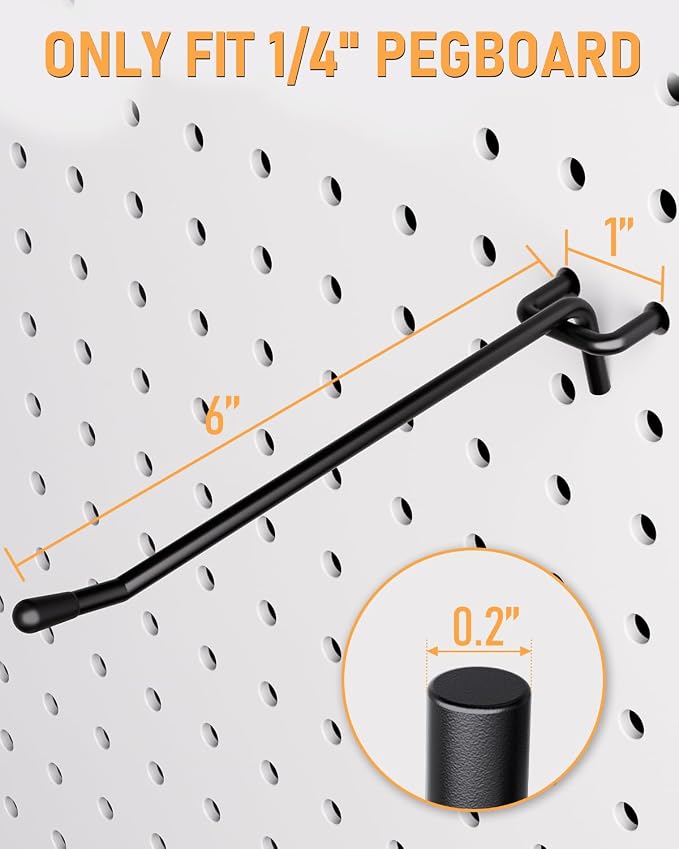 INCLY 60 Pack 6 Inch Black Pegboard Hooks, 1/4" Heavy Duty | Peg Board Shelving Hooks Accessories, Fit for 1/4" Pegboard, Garage, Crafts, Kitchen, Store, Peg Board Tool Hangers