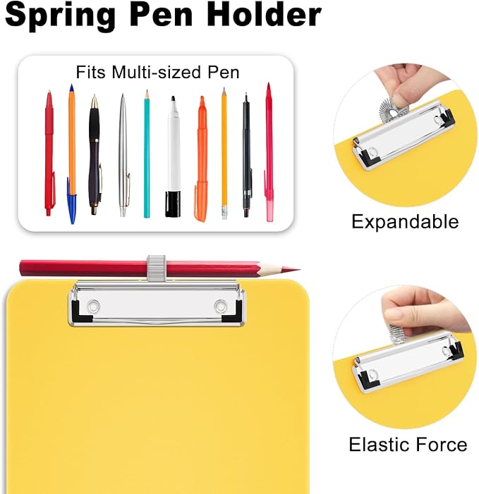 Hongri A5 Clipboard with Storage, Metal Retractable Pen Holder, Yellow | 6 x 9'' Nursing Plastic Foldable Clip Board, Size 9.4 x 6.1 x 0.9 in, Menu Box for Work, Office & School Supplies