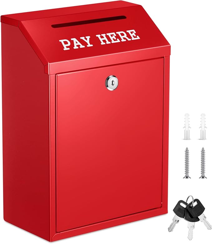 Yaocom Safe Metal Cash Box for Farm Stand – Money Drop and Secure Donation Collection, Wall Mount Lockable Unit with Pre Drilled Holes for Outdoor Self Serve(Red,11.8 x 8.6 x 4.7 Inch)