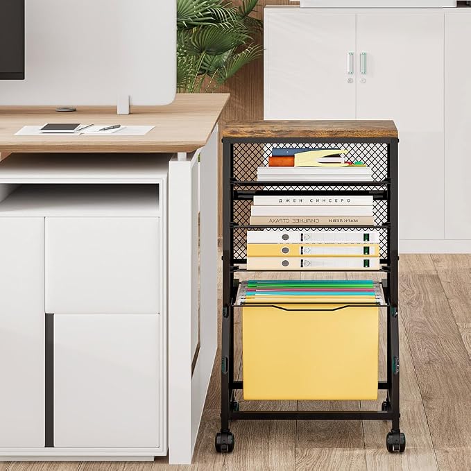 INGIORDAR 5 Tier Rolling File Cart Sliding Hanging Folder Storage Wheels | Under Desk Storage Organizer On Lockable Wheels Mesh Sliding Trays Multifunctional Clutter Cart for Office School Home