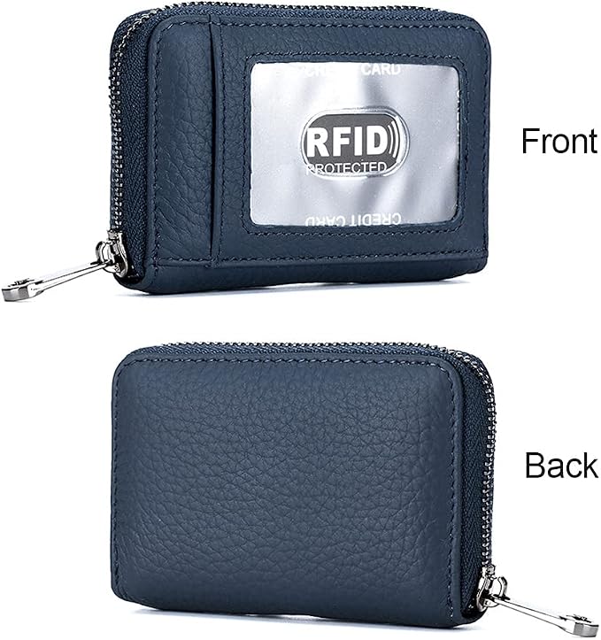 Genuine Leather Credit Card Wallet Accordion Zipper Rfid Credit Card Holder Small Coin Purse with ID Window (dark blue)