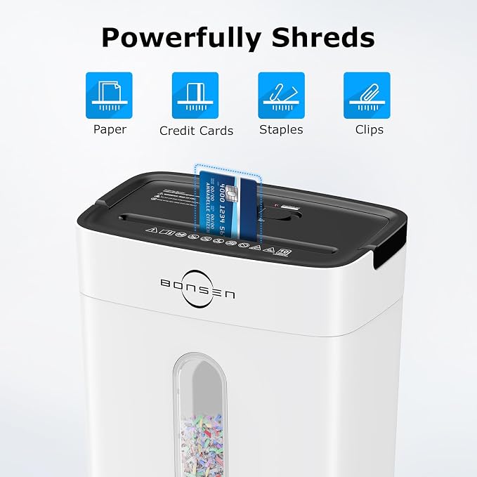 Bonsen 10-Sheet Cross Cut Paper Shredder for Home Office Heavy Duty, White | P-4 Security Level, Shreds Paper & Credit Cards, 4-Gal Bin with Portable Handle, Small Shredder for Home Office，S3201-W