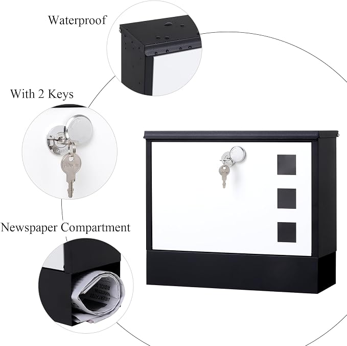 Locking Mailbox Wall Mounted Vertical– Jssmst mailboxes with Key Lock and Newspaper Compartment, Key Lock Drop Box Large Capacity, 14.3 x 3.8 x 11.8 Inch, White，SM-HPB911WN