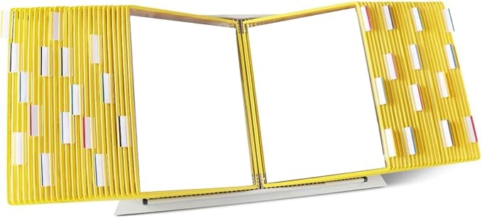 Tarifold Desktop Reference Display System, 50 Pockets, Expandable, Yellow | 50 double-sided PVC pockets, holds 100 letter-size sheets, sturdy metal base, quick-find indexing, quick and easy to assemble