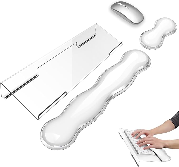 Gel Wrist Rest for Keyboard and Mouse Transparent Acrylic Tilted Keyboard Riser for Desktop Ergonomic Computer Keyboard Stand Holder for Desk Silicone Mouse Wrist Pad Support 60% 68% 75% White