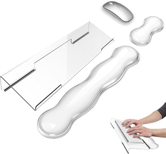 Gel Wrist Rest for Keyboard and Mouse Transparent Acrylic Tilted Keyboard Riser for Desktop Ergonomic Computer Keyboard Stand Holder for Desk Silicone Mouse Wrist Pad Support 60% 68% 75% White