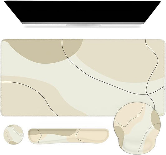 iCasso Large Gaming Mouse Pad Wrist Support Set, Desk Mat, 4in1 XXL Mousepad + Keyboard Wrist Rest+Mouse Wrist Rest+Coaster Set with Ergonomic Design for Home Office Table Computer-Brown Art