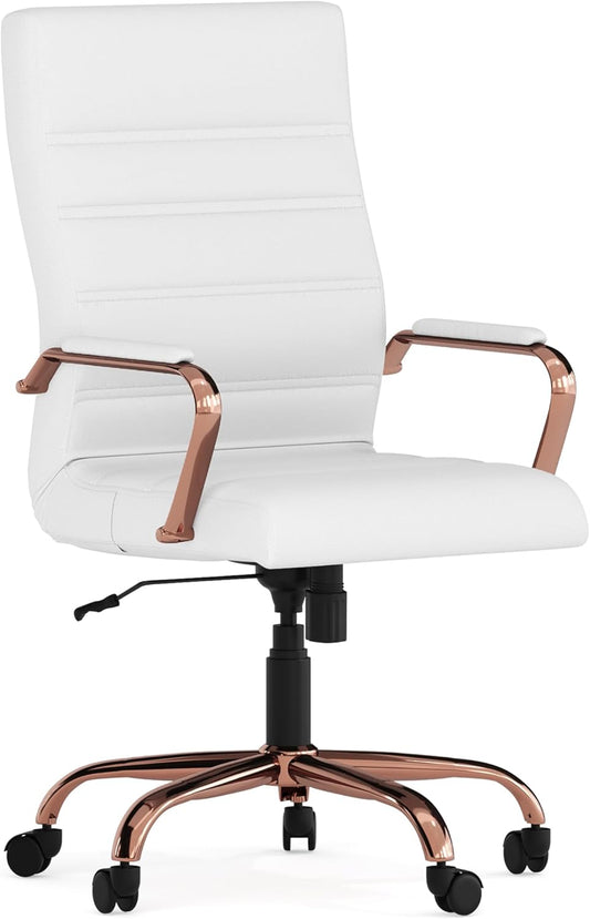Flash Furniture Whitney High-Back Swivel LeatherSoft Desk Chair with Padded Seat and Armrests, Adjustable Height Padded LeatherSoft Office Chair, White/Rose Gold