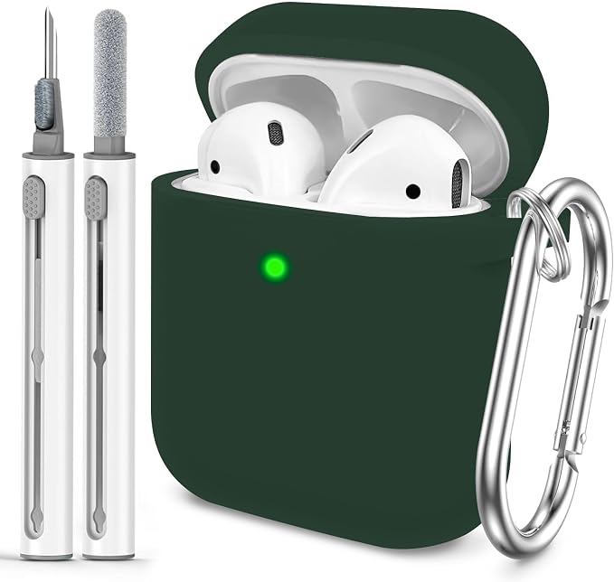 for AirPods 1/2 Case Cover,Come with Cleaner Kit,Soft Skin Silicone Case Cover with Keychain,Full Protective Case for Men and Women,Compatible with AirPods 2nd Generation Case,Blackish Green