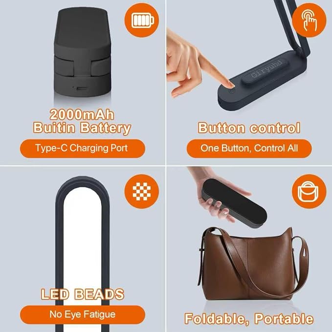 Giryuhd LED Desk Lamp for Office Home & Battery Operated Lamp Rechargeable Lamp Foldable & Portable Light, LED Desk Light Strip, 3 Brightness Dimmable Small Desk Lamp Wireless Reading Lamp(2-Black)