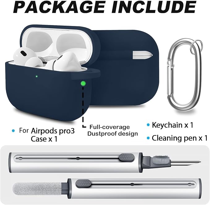 Full-Coverage dustproof Design for AirPods Pro 3 Case Cover with Cleaner Kit, Soft Silicone Cover for AirPods Pro 3rd Generation Comes with Keychain,Suitable for 3rd Generation Midnight Blue
