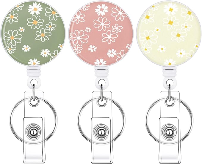 BESARME 3 Pack Badge Reels Retractable Badge Clip with Key Ring Retractable Badge Holders for Office Worker Teacher Nurse Student（Flower02）
