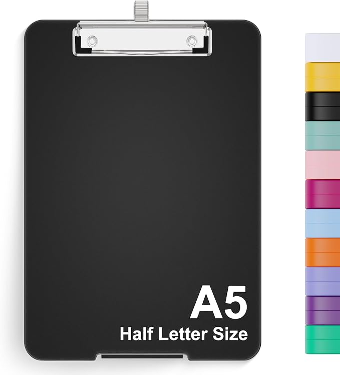 Hongri A5 Clipboard with Storage, Metal Retractable Pen Holder, Black | 6 x 9'' Nursing Plastic Foldable Clip Board, Size 9.4 x 6.1 x 0.9 in, Menu Box for Work, Office & School Supplies