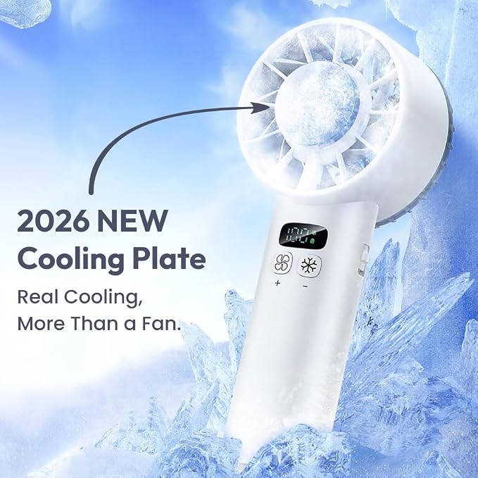 Brezio Pro Handheld Fan with 2026 TEC Cooling Plate, 100-Speed Turbo Airflow, USB-C Fast Charging, Handheld/Tabletop Fan for Travel, Outdoor, Office, Camping (Mist Blue)
