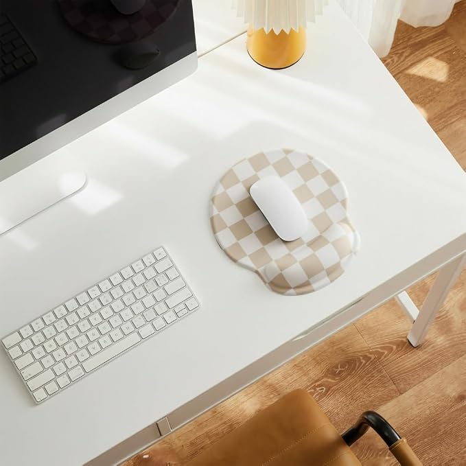Ohocut Beige White Checkered Mouse Pad with Gel Wrist Rest, Wrist Support, Ergonomic Desk Accessories for Women, Office Laptop Gaming Decor, Cute Aesthetic Check Design