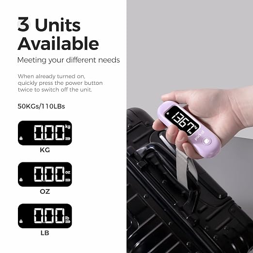 pack all Digital Luggage Scale for Travel, 110Lbs Capacity, 0.1Lb Precision | Handheld, Backlit LCD Display, Lb/Kg/Oz Conversion, Tare Function, Battery Included, Purple