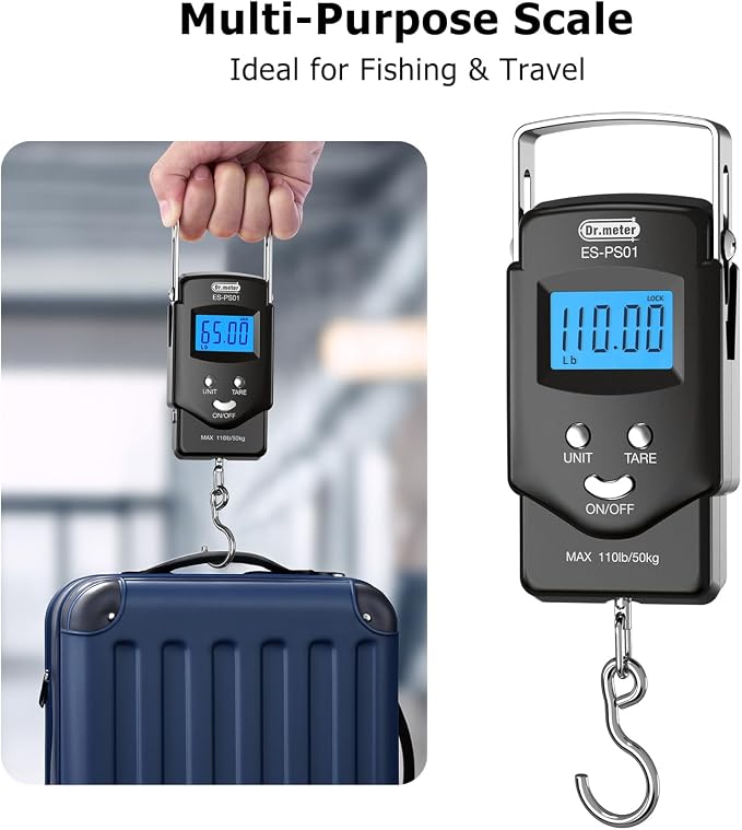 Dr.meter Fish Scale, 110 lb Digital Luggage Scale with Tape | 110 lb Capacity, Backlit LCD, Built-In Tape, Includes 2 AAA Batteries, Compact Pocket Size