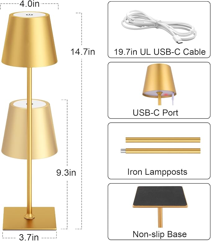 Kakanuo Gold Cordless Rechargeable Table Lamp 5000mAh Battery Operated Lamps, 3 Colors Stepless Dimming Touch Lamp for Dining, Living Room, Outdoor Patio, Kitchen Counter, 4 Pack