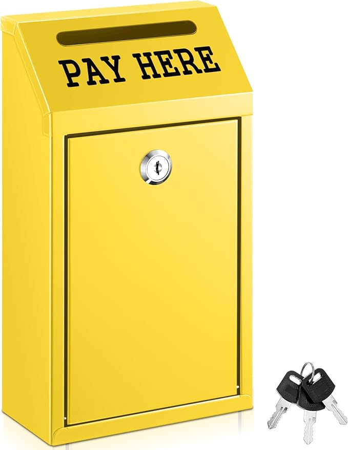 Yaocom Safe Metal Cash Box for Farm Stand – Money Drop and Secure Donation Collection, Wall Mount Lockable Unit with Pre Drilled Holes for Outdoor Self Serve(Yellow,10.2 x 5.7 x 2.8 Inch)