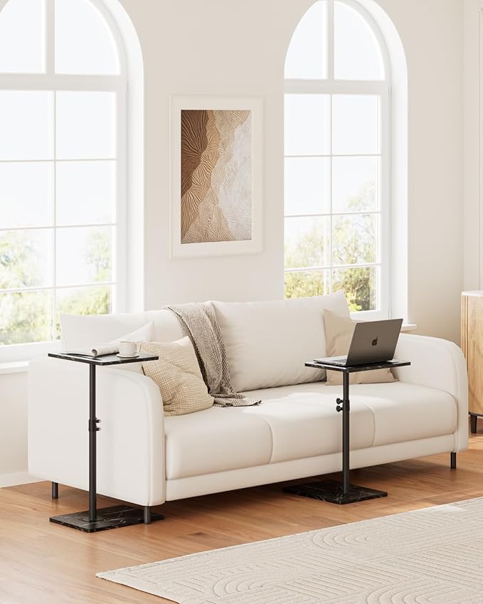 Masupu Sofa Arm Tray Table - 360° Swivel Height Adjustable End Table, Small Snack Side Table for Couch, C Shaped Table for Bed, Chair or TV Tray Table(Marble Black)