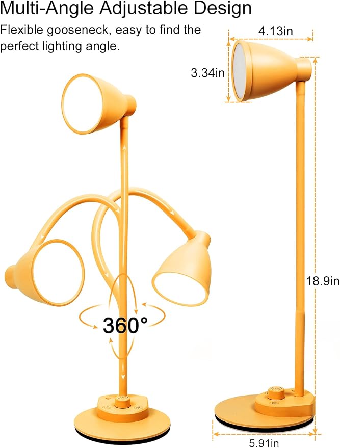 BOHON LED Desk Lamp with USB Charging Port 3 Color Modes Fully Dim, Yellow | Reading Lamp, Auto Dimming Task Lamp, Flexible Neck Table Light for Home Office Dorm Bedside, Bright Yellow