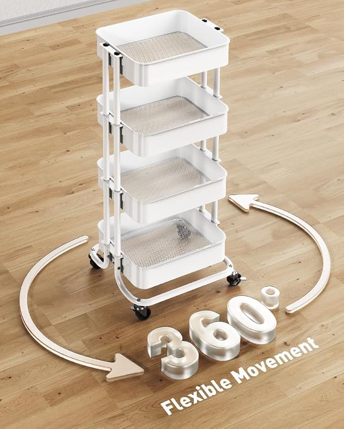 Pipishell 4 Tier Metal Rolling Utility Cart with 2 Lockable Wheels, White | 360° Rotating Wheel, Heavy-Duty Steel, Sturdy Dual Columns, Ventilated Mesh, Hold 22 lbs per Shelf, for Kitchen & Living Room